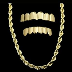 14K gold plated rope chain & grill